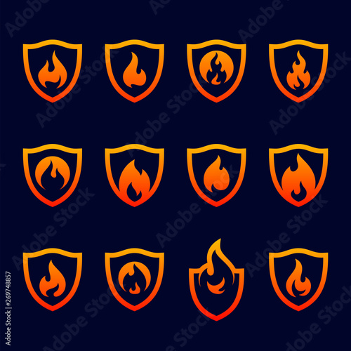 Set of Fire Shield Logo Design Vector Template. Shield Fire Logo Concept. Icon Symbol.