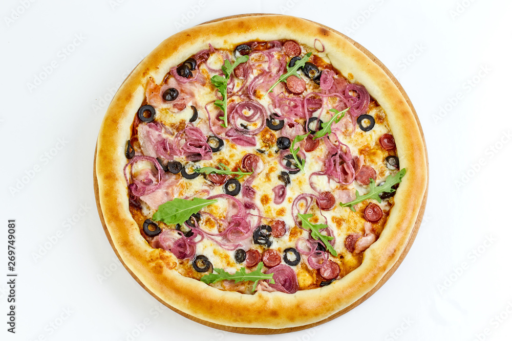 pizza with ham and tomatoes isolated on white pizza with ham and tomatoes isolated on white