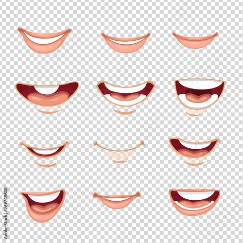 Cartoon mouth male and female with various expressions on imitation transparent background