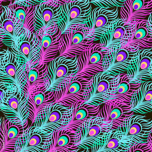 Vector seamless pattern with peacock feather in pink and mint colors. Modern background. Can be used for design banners, wrapping paper, print on clothes. EPS10