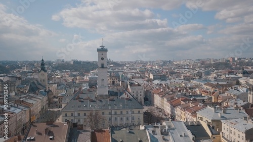 Aerial City Lviv, Ukraine. European City. Popular areas of the city. Rooftops