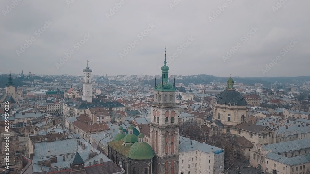 Obraz premium Aerial City Lviv, Ukraine. European City. Popular areas of the city