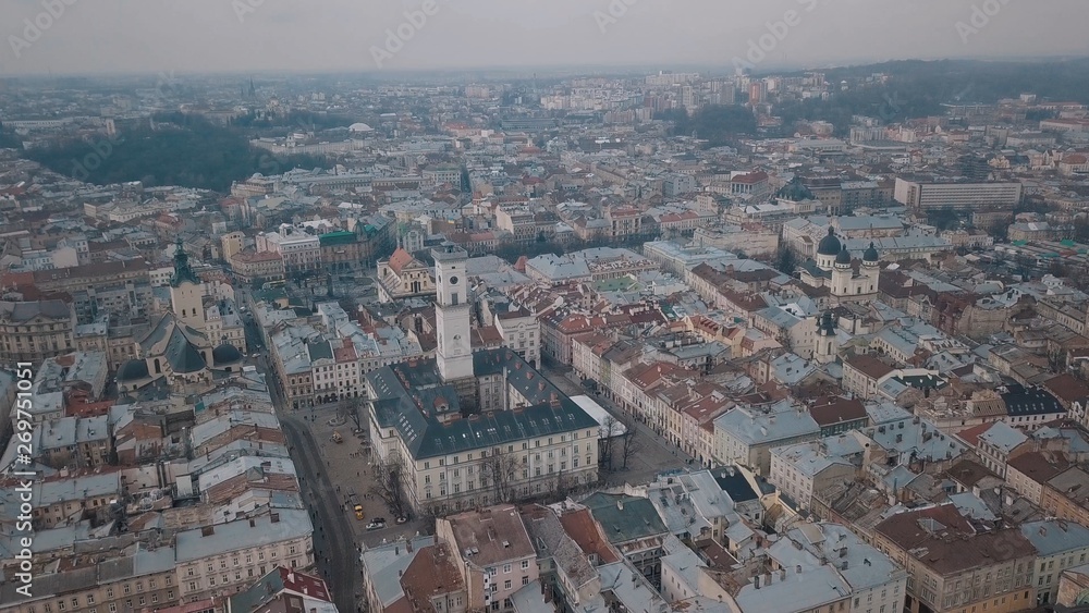 Aerial City Lviv, Ukraine. European City. Popular areas of the city