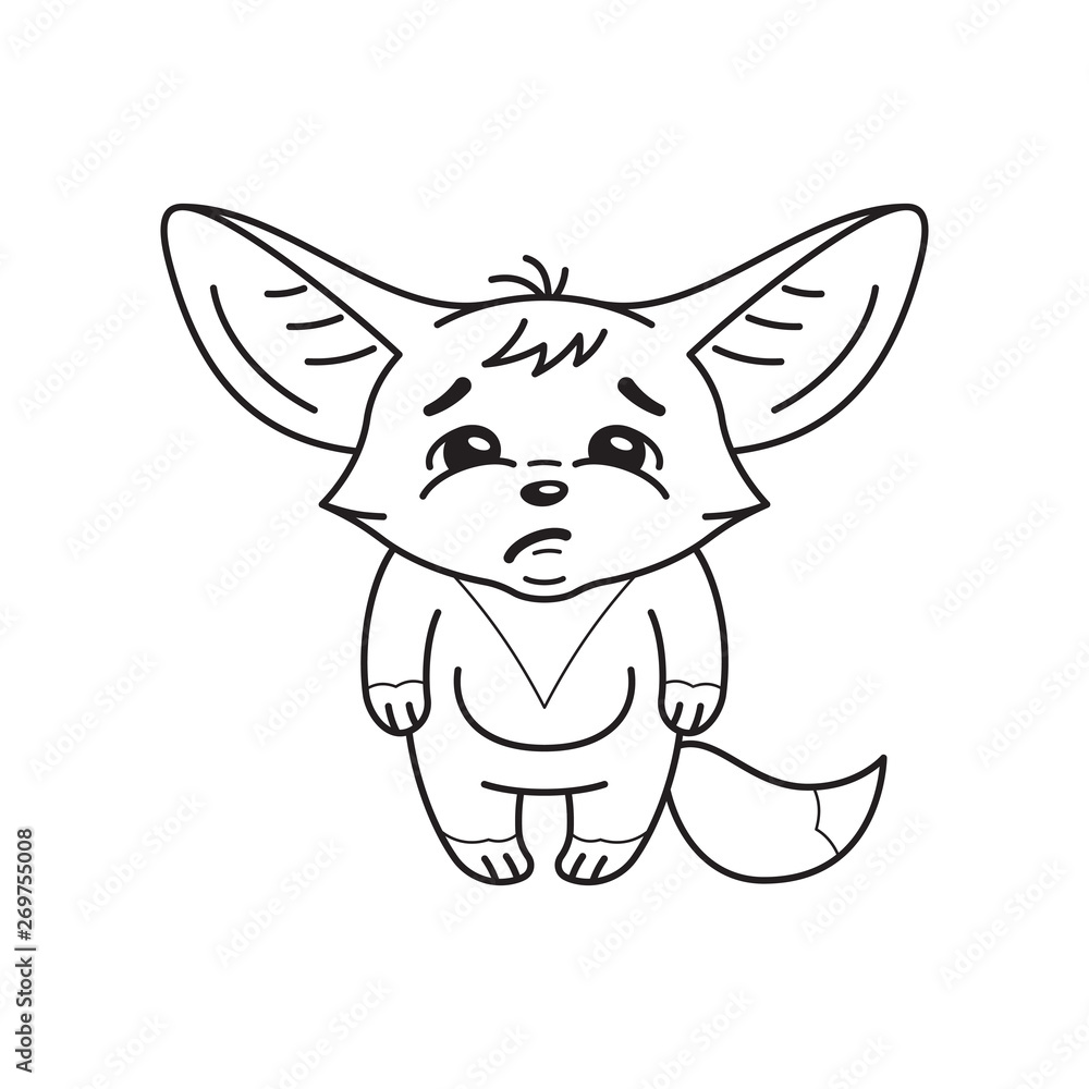 Black and white illustration of a funny fennec fox who looks with sadness. Cute kawaii cartoon character. Funny emotion and face expression. Isolated on white background Black and white illustration of a funny fennec fox who looks with sadness. Cute kawaii cartoon character. Funny emotion and face expression. Isolated on white background