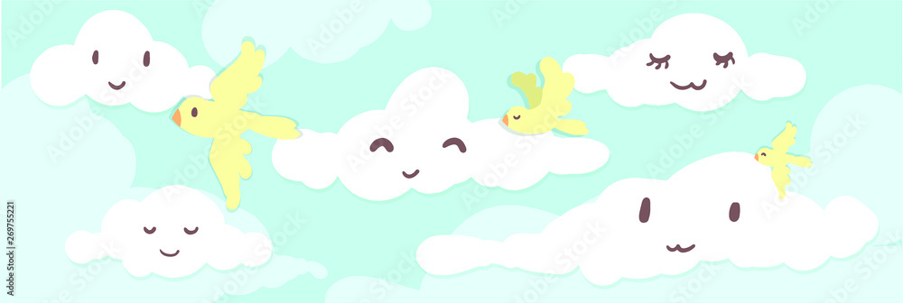 Cute bird flying among cute cloud pastel blue sky, collage flat design vector 