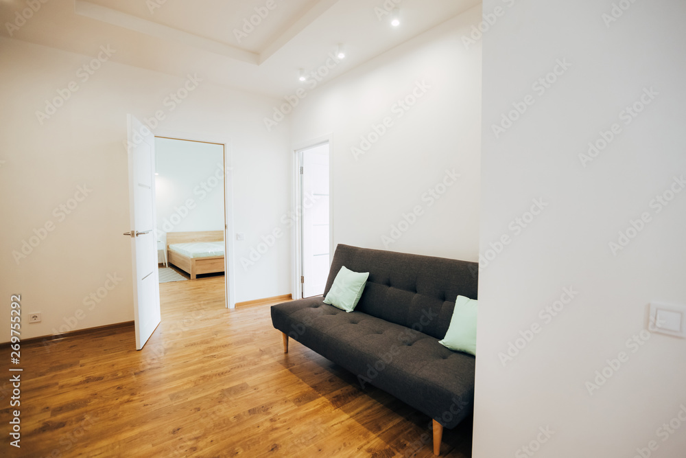 modern light interior. room with white walls and wooden floor. white open door. modern light interior. room with white walls and wooden floor. white open door.