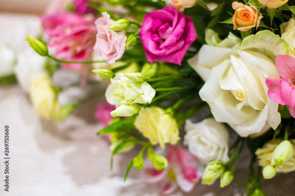 Bouquet of flowers. Flower Arrangement: Roses, Eustomas, Alstroemeria Bouquet of flowers. Flower Arrangement: Roses, Eustomas, Alstroemeria