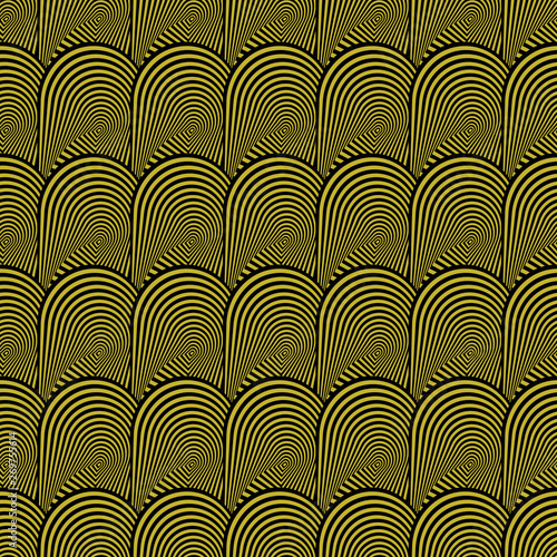 Vector illustration of black and yellow warped circles and stripes in geometric layout. Seamless repeat pattern for gift wrap, textile, fabric, scrapbooking and fashion.