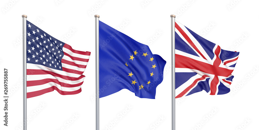 Three colored silky flags in the wind: USA (United States of America), EU (European Union) and United Kingdom isolated on white. 3D illustration. Three colored silky flags in the wind: USA (United States of America), EU (European Union) and United Kingdom isolated on white. 3D illustration.