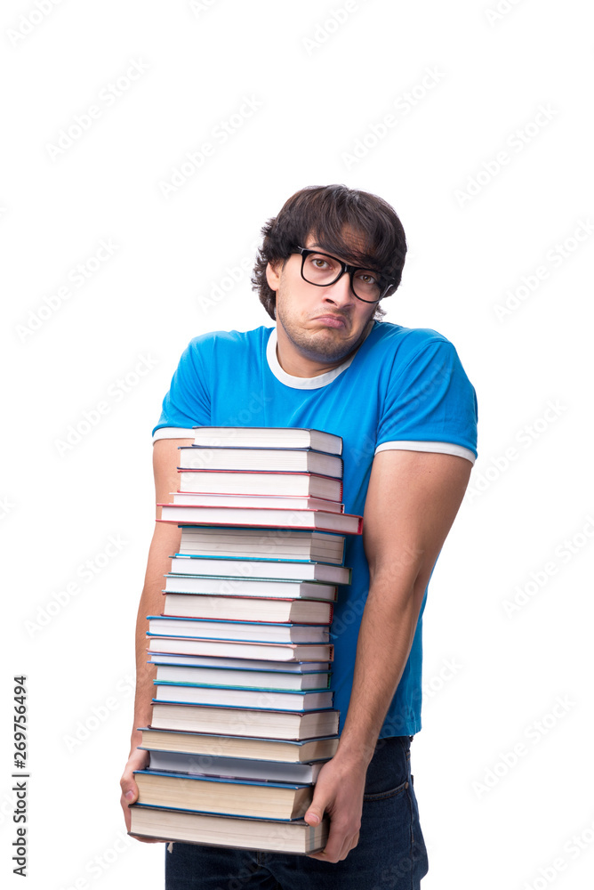 Male student with many books isolated on white Male student with many books isolated on white