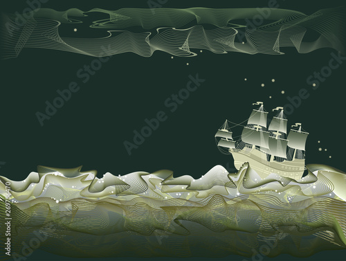 Fantasy illustration of ancient sailboat at night travel. Stormy waves of sea in form of abstract lines meandering. Poster for tourism company. Modern print. Vector cartoon image.