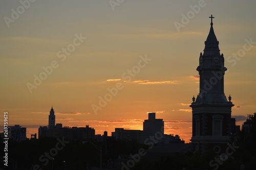 Sunset over a church in Philadelphia, Pennsylvania 