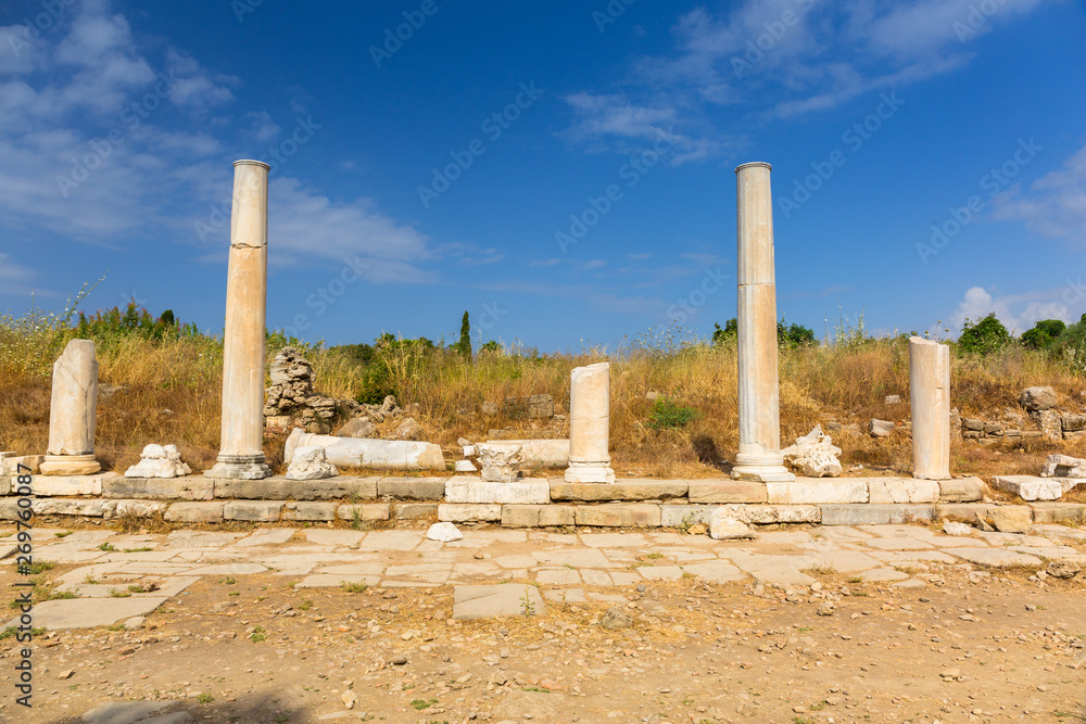 Architecture of ancient Greek ruins in Side, Turkey