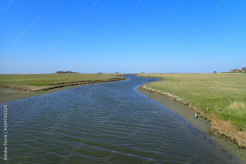 Priel auf der Hallig Hooge im Frühjahr bei strahlend blauem Himmel Priel auf der Hallig Hooge im Frühjahr bei strahlend blauem Himmel