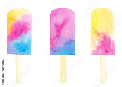 Watercolor hand drawn set with colorful fruit ice cream on stick isolated on white background