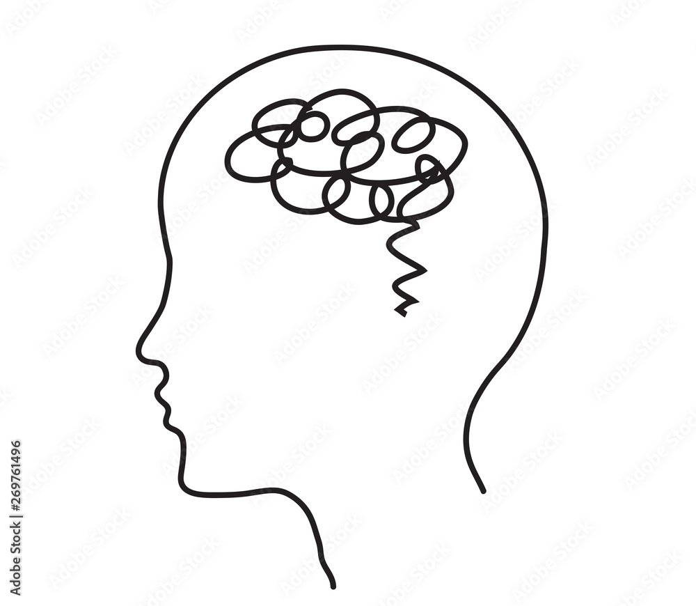 Brain and head silhouette on a white background. Thoughts are confused. Vector illustration. Brain and head silhouette on a white background. Thoughts are confused. Vector illustration.