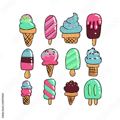 Doodle Hand Drawn Art Icecream Icons Set Defferent Dessert Food Set Of Various Rough Simple Ice Cream Color Outline Sketches Vector Scribble Scrawl Illustration Isolated On White Background Stock Vector Adobe Stock