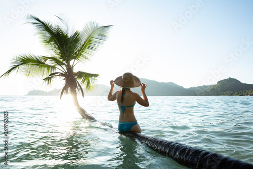 Woman Sitting On The Palm Tree Over The Sea