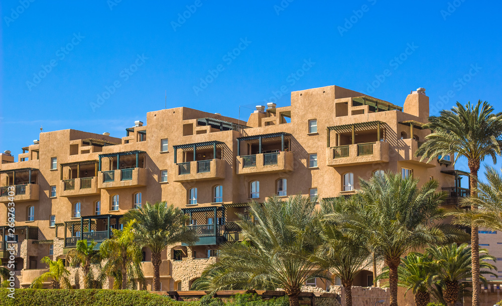 Arabic hotel renting apartment with palm trees garden scenic landscape 