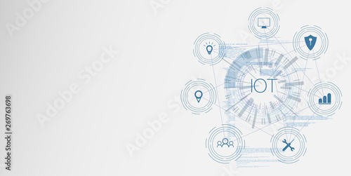 Internet of things (IoT) and networking concept for connected devices. Spider web of network connections with on a futuristic blue background photo