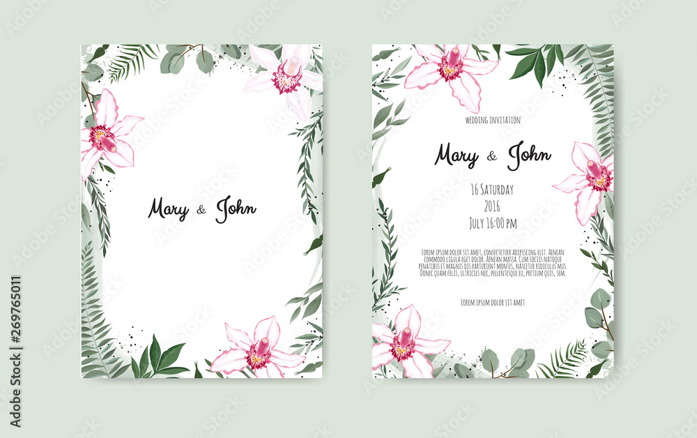 Botanical wedding invitation card template design, white and pink orchid on white background