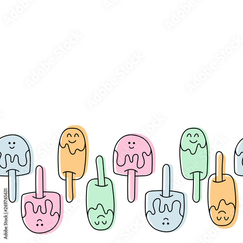 Seamless pattern. Kawaii funny Ice cream. Pastel colors on white background. Vector