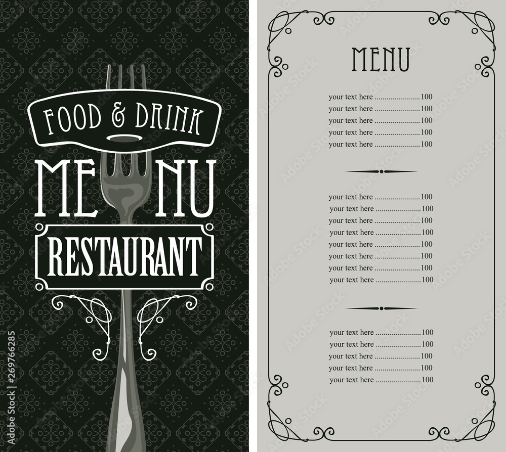 Template vector menu for restaurant with price list and realistic fork in figured frame with curlicues in baroque style with seamless background pattern Template vector menu for restaurant with price list and realistic fork in figured frame with curlicues in baroque style with seamless background pattern
