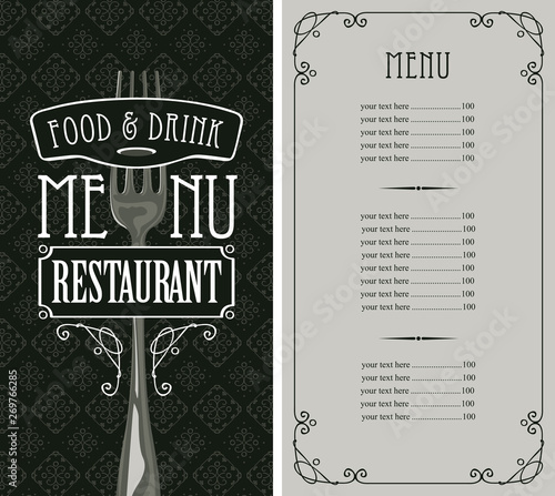 Template vector menu for restaurant with price list and realistic fork in figured frame with curlicues in baroque style with seamless background pattern