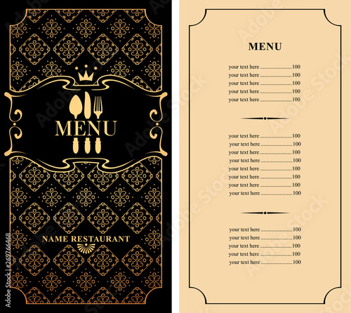 Template vector menu for restaurant with price list and flatware in figured frame with curlicues in baroque style on ornate background with decorative gold pattern