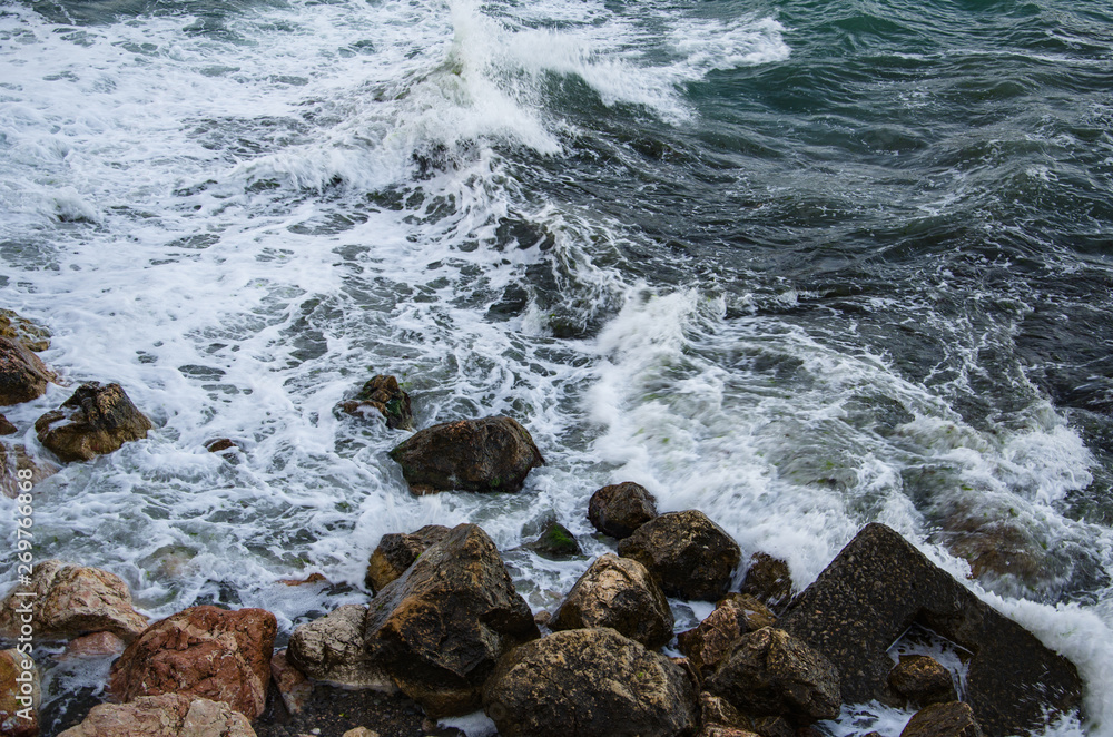 Seascape, seafoam of storm on wild rocky seashore Seascape, seafoam of storm on wild rocky seashore