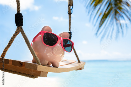 Pink Piggybank With Sunglasses On Wooden Swing