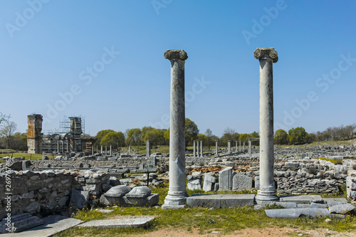 Panoramic view of Ancient Ruins at archaeological area of Philippi, Eastern Macedonia and Thrace, Greece