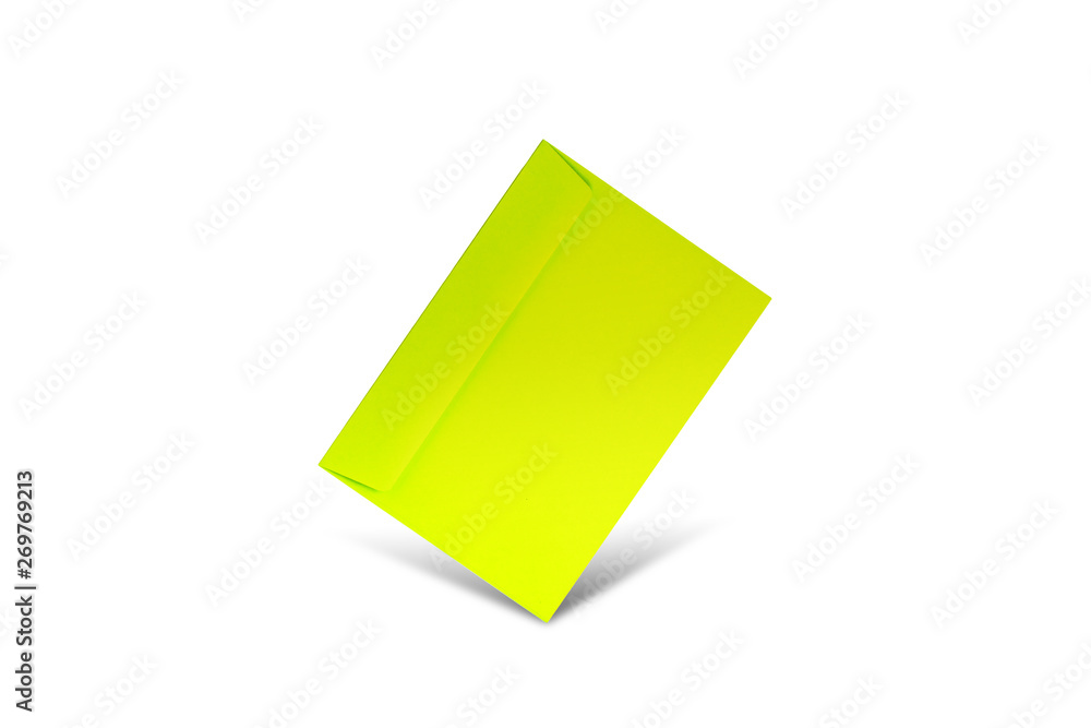 Green envelope on a white background with copy space. Flat lay mockup for valentines day, womans day, wedding or birthday Green envelope on a white background with copy space. Flat lay mockup for valentines day, womans day, wedding or birthday