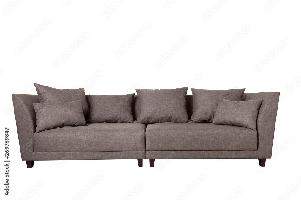 Modern grey fabric sofa with pillows isolated on white background. Strict style furniture Modern grey fabric sofa with pillows isolated on white background. Strict style furniture