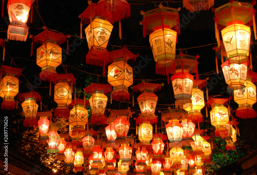 Chinese lanterns in Chengdu at the Wuhou Temple Lantern Festival in Chengdu, China. The red and gold lanterns are for Chinese New Year. Red lanterns. photo