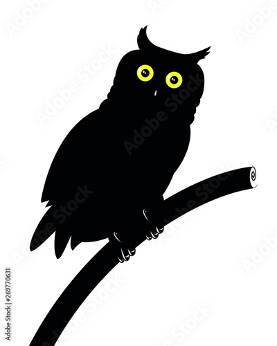 Black silhouette of owl with yellow eyes. Vector.