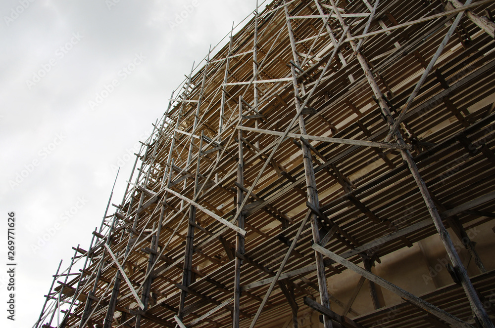 Wood scaffolding near the building