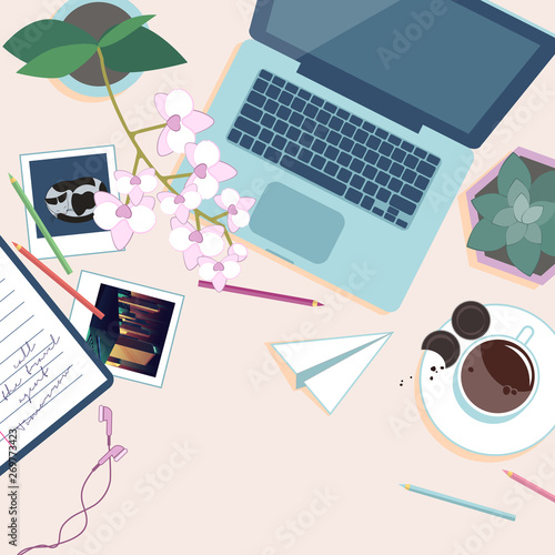 Work place top view. Desk with laptop, pot flowers,  cup of coffee, pencils and photos. Vector illustration