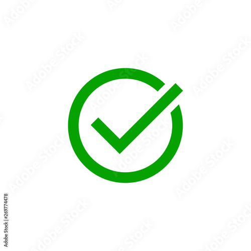 Green check mark icon in a circle. Tick sign. Vector.