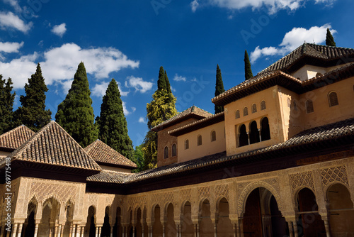 Inner courtyard of the Lions with stilted arches of Nasrid Palaces Alhambra Granada