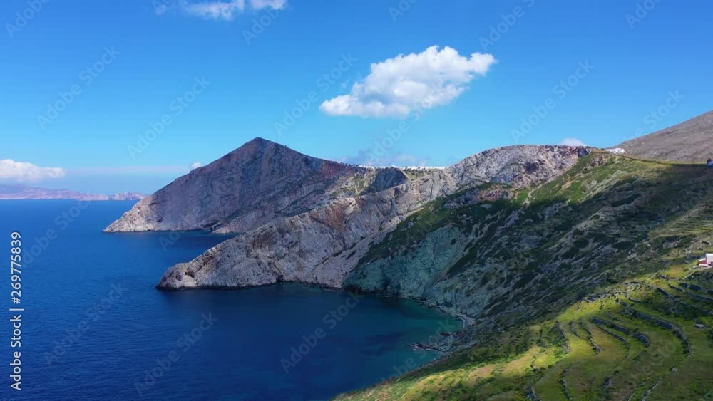 Aerial drone video of amazing spring landscape of picturesque island of Folegandros, Cyclades, Greece Aerial drone video of amazing spring landscape of picturesque island of Folegandros, Cyclades, Greece