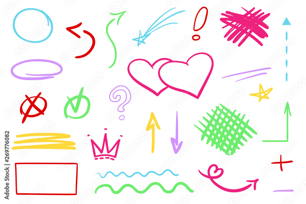 Colorful infographic elements isolated on white. Set of sketchy signs. Hand drawn simple shapes. Line art. Abstract arrows. Symbols for work Colorful infographic elements isolated on white. Set of sketchy signs. Hand drawn simple shapes. Line art. Abstract arrows. Symbols for work