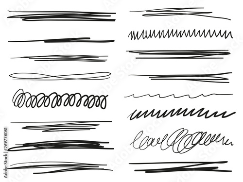 Hand drawn underlines on white. Abstract backgrounds with array of lines. Stroke chaotic patterns. Black and white illustration. Sketchy elements