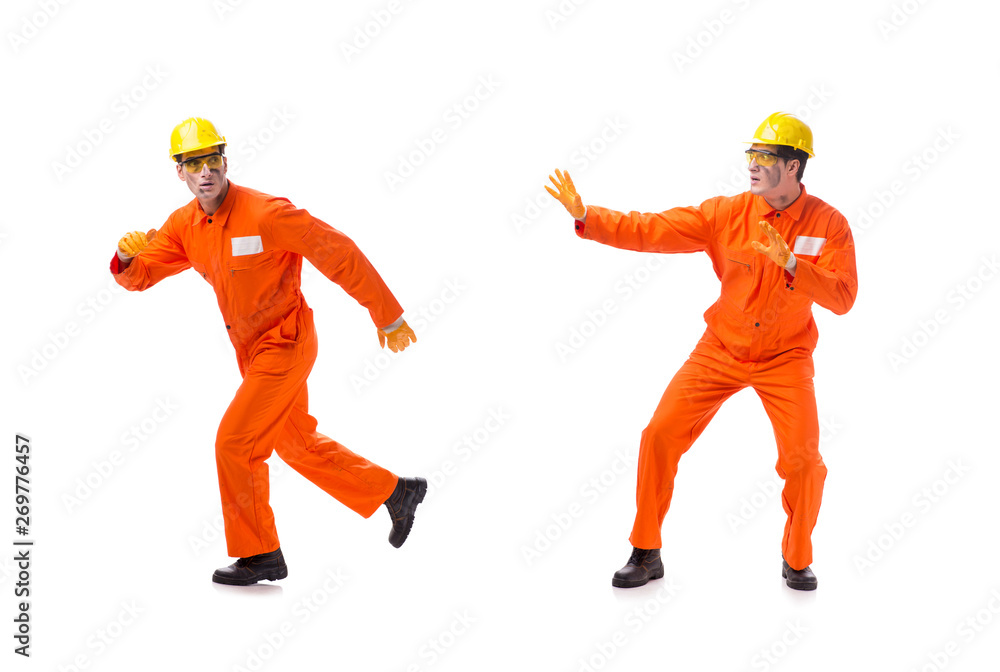 Contractor employee wearing coveralls isolated on white Contractor employee wearing coveralls isolated on white