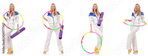 Beautiful woman with hula hoop isolated on white 