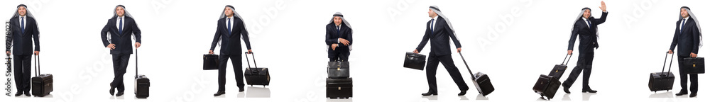 Arab businessman with suitcase isolated on white Arab businessman with suitcase isolated on white