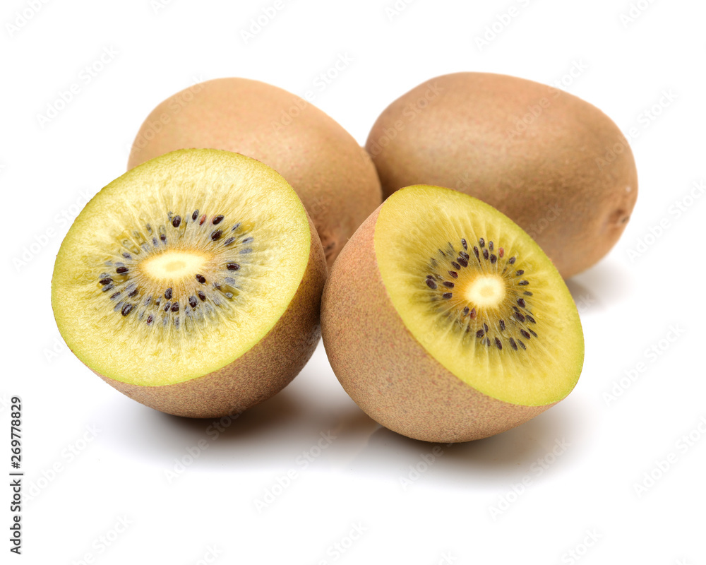 Whole and cut golden kiwifruit/ kiwi (Actinidia chinensis) on white background Whole and cut golden kiwifruit/ kiwi (Actinidia chinensis) on white background