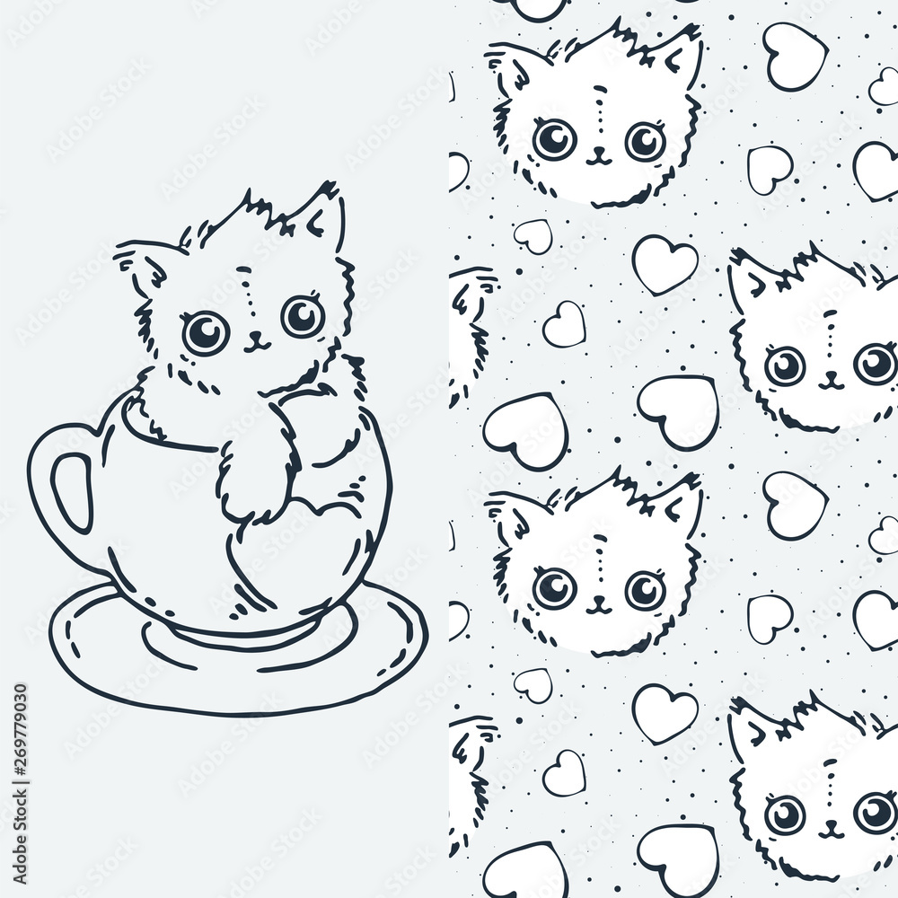 Obraz Set of cute cartoon animal and seamless pattern. Vector clip art illustration for children design, cards, prints, coloring books