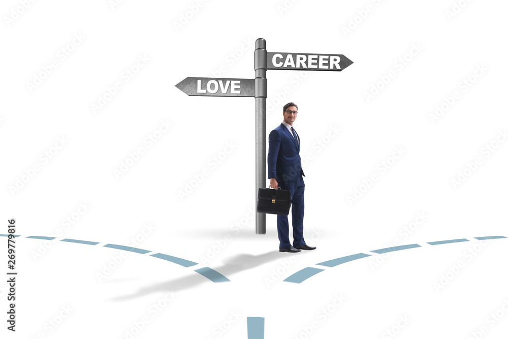 Fototapeta premium Businessman having hard choice between love and career