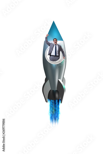 Businessman in start-up business concept with rocket